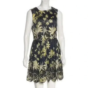 SUNO‎ (6) Black & Yellow 100% Silk Mini Sleeveless Fit & Flare Eyelet Mini Dress